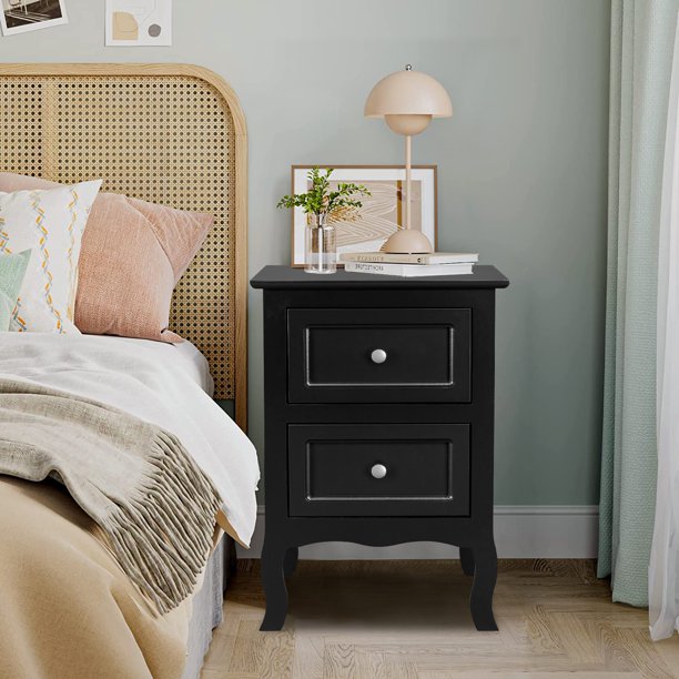 Set of 2 Nightstand Bedroom Bedside Table w/ Drawers Storage, Country Style w/ Metal Handle, Black