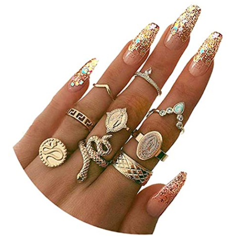 10 Pcs Gold Snake Knuckle Ring,Boho Rhinestone for Women