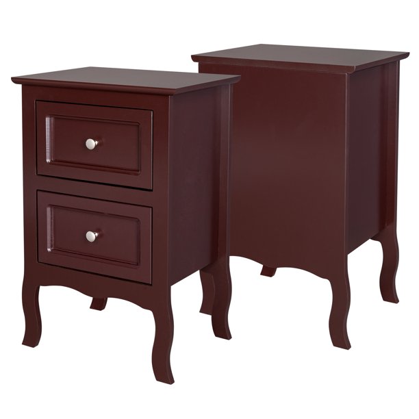 Set of 2 Nightstand Bedroom Bedside Table w/ Drawers Storage, Country Style Night End Table w/ Handle Brown