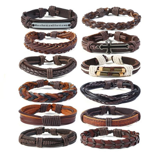 Pack Of 12/Set Vintage Men Leather Multi-Layer Braided Bracelets