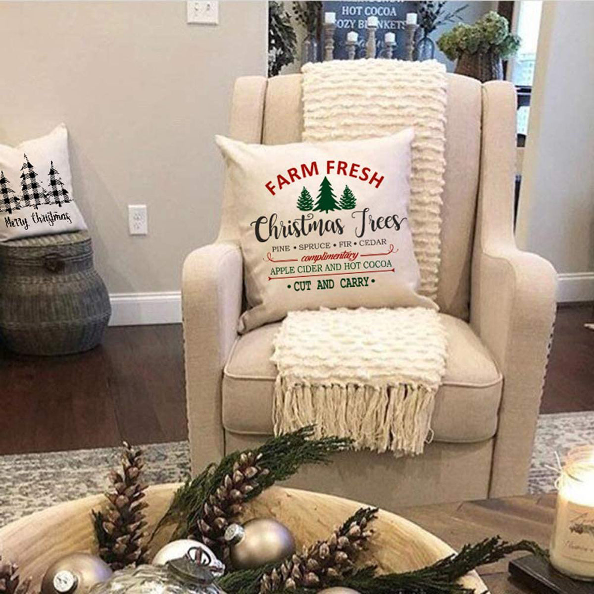 18" x 18" Farmhouse Beige Christmas tree Polyester Decorative Pillow Cover, (4 Count)