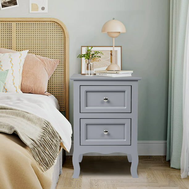 Set of 2 Nightstand Bedroom Bedside Table with Drawers Storage, Country Style Night End Table with Mental Handle, Gray