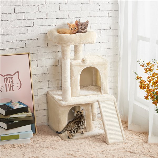 36'' H Cat Tree Tower Cat House with Double Condos Scratching Posts Sisal Rope Furry Ball for Cats and Kittens, Beige