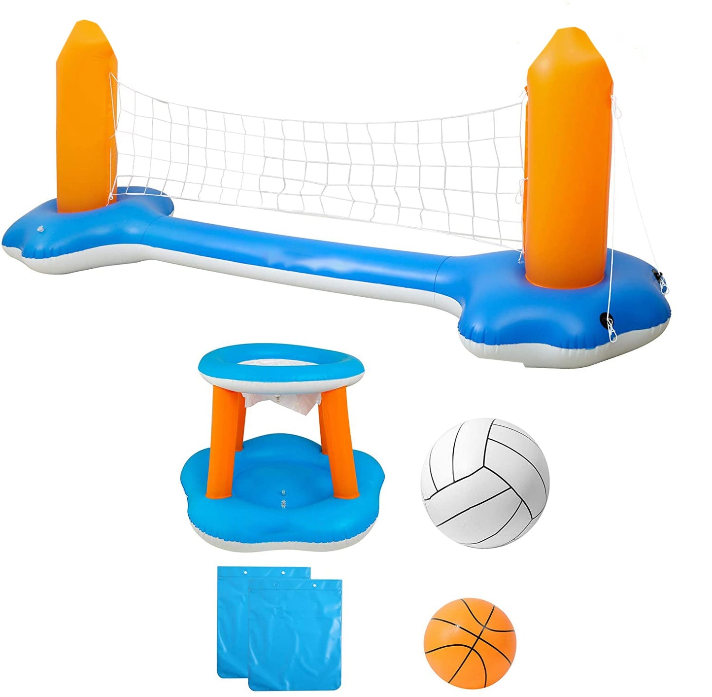 Inflatable Pool Float Set Volleyball Net & Basketball Hoops