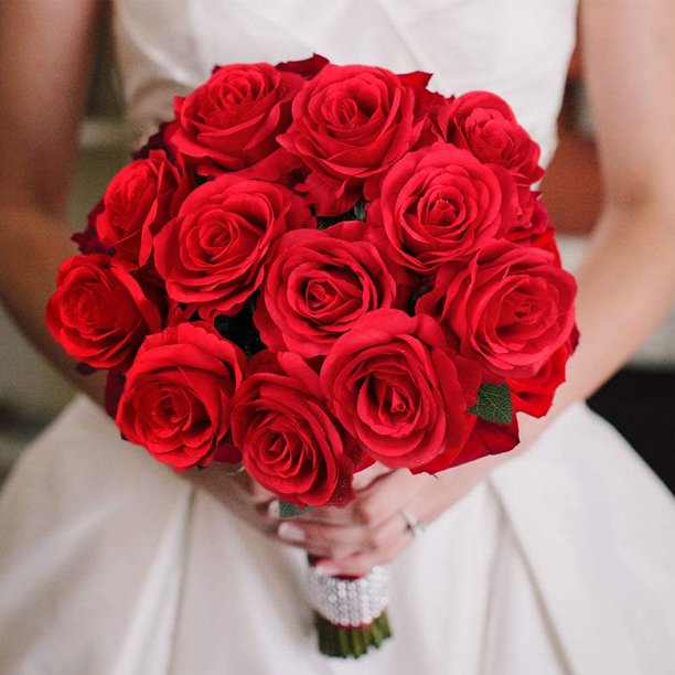 12 Pcs Red Artificial Rose Flowers, Realistic Blossom Fake Roses with Long Stems, Single Silk Roses Flower Bouquet Arrangement for Valentine's Day Wedding Bridal Shower Party Home Table