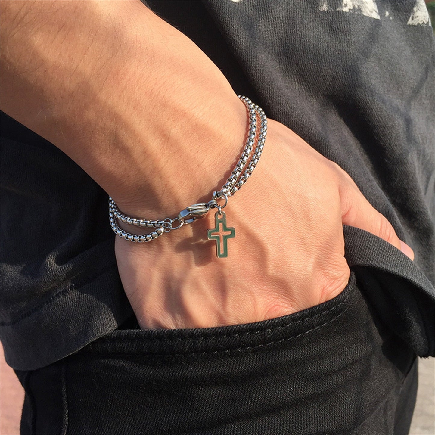 Stainless Steel Double Layer Cross Bracelet for Men/Women