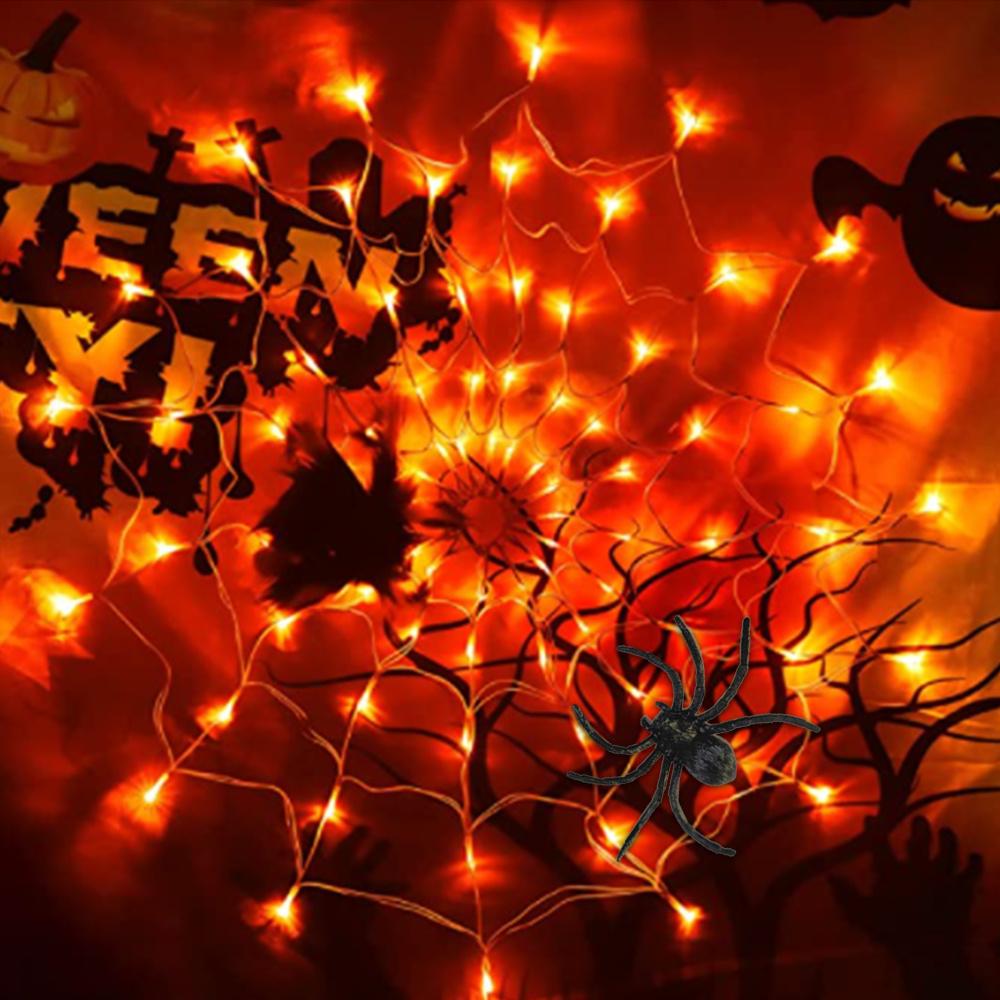 60 LED Halloween Spider Net Web String Lights w/ Black Spider