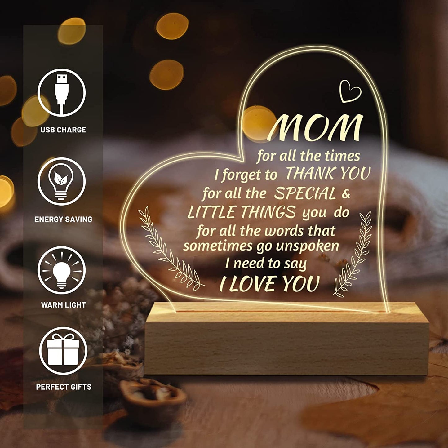 Mom Birthday Valentines Gifts Mothers Day, Acrylic Engraved Night Light 15*19CM