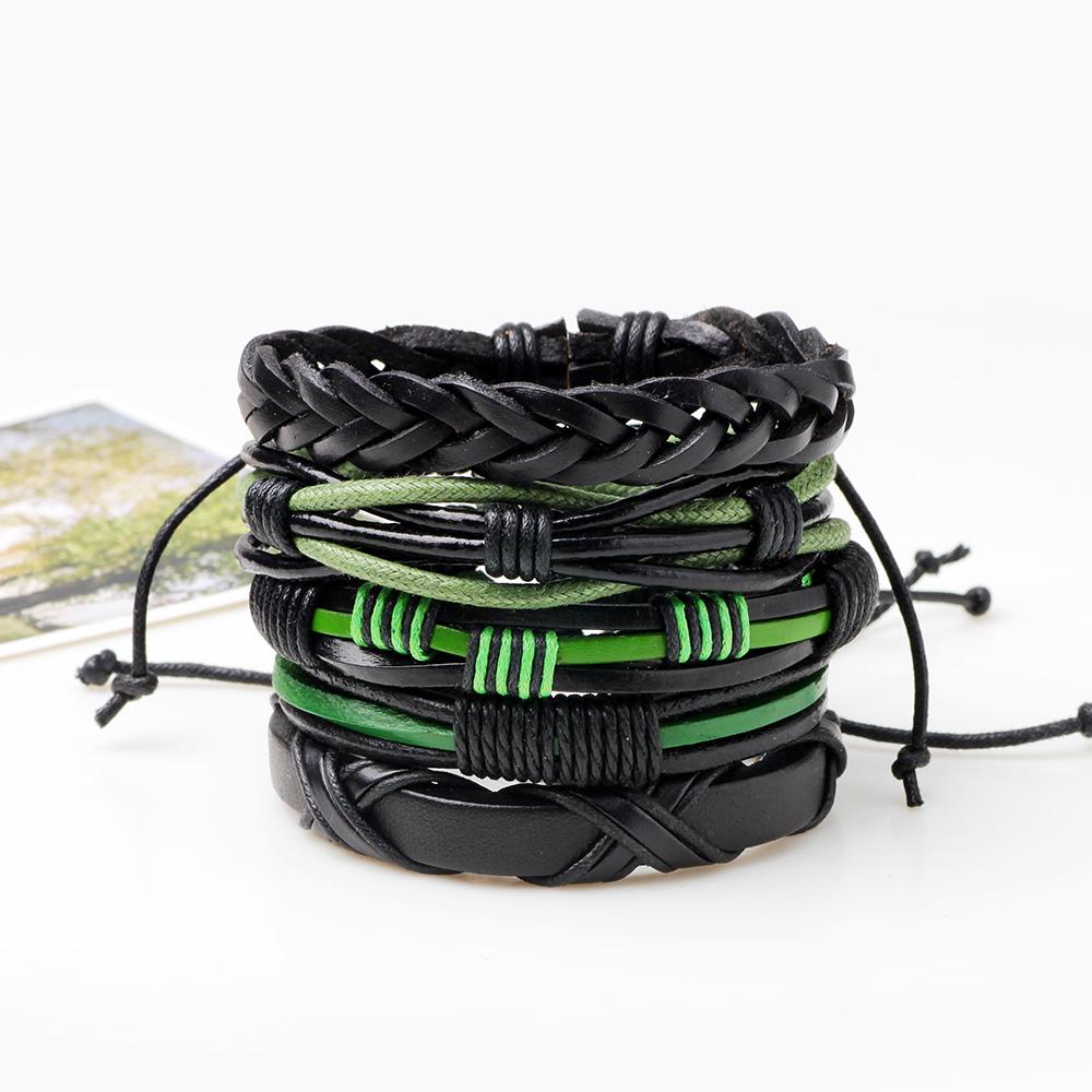 Unisex Green & Black Braided Leather Wristband Bracelet For Men or Women, 5pcs Set