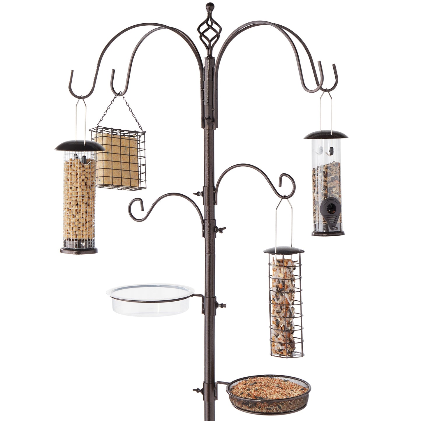 6-Hook Bird Feeding Station, Steel Multi-Feeder Stand w/ 4 Feeders, Tray, Bird Bath