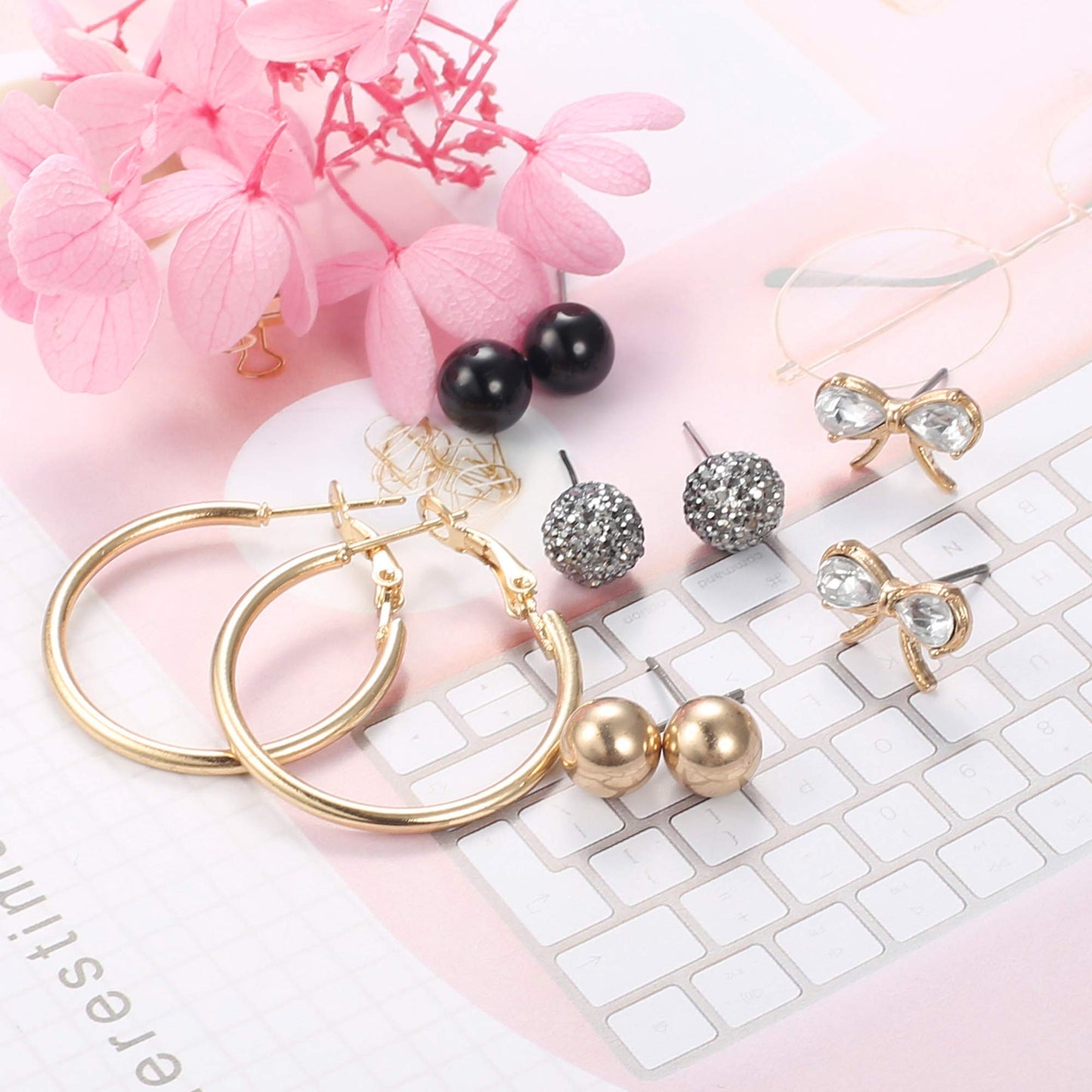 90 Pairs Assorted Multiple Small Stud Cute Bar Geometric Arrow Bow CZ Ball Faux Pearl Earrings Set