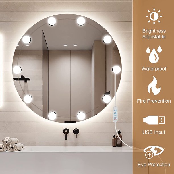 LED Vanity Mirror Lights, 17.7ft Hollywood Make Up w/ 10 Dimmable Led Bulbs, USB w/ 3 Color Modes