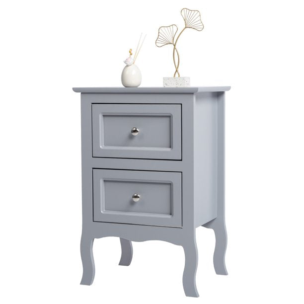 Set of 2 Nightstand Bedroom Bedside Table with Drawers Storage, Country Style Night End Table with Mental Handle, Gray