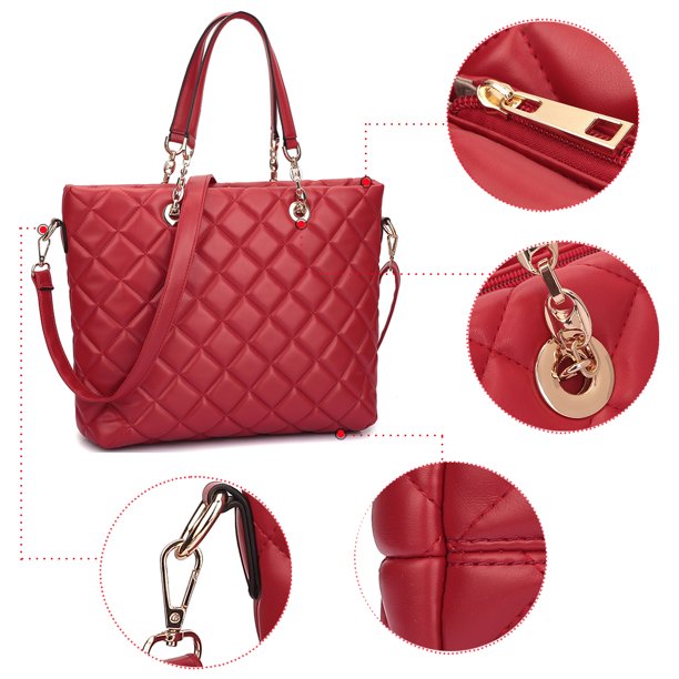 Women's Handbag Faux Leather Quilted Tote Bag Shoulder Bag w/ Chained Handle-Red