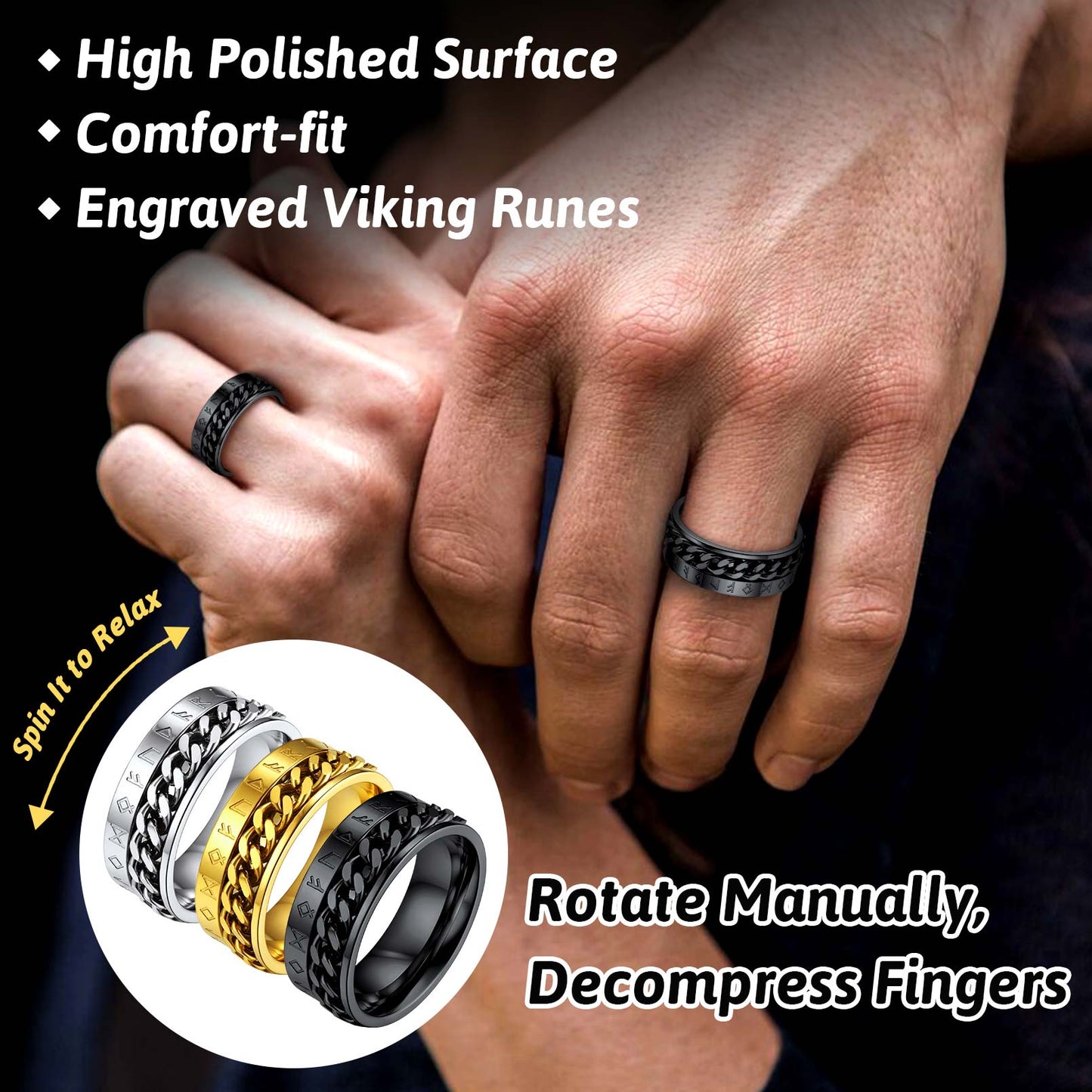 Nordic Viking Spinner Runes Ring Men