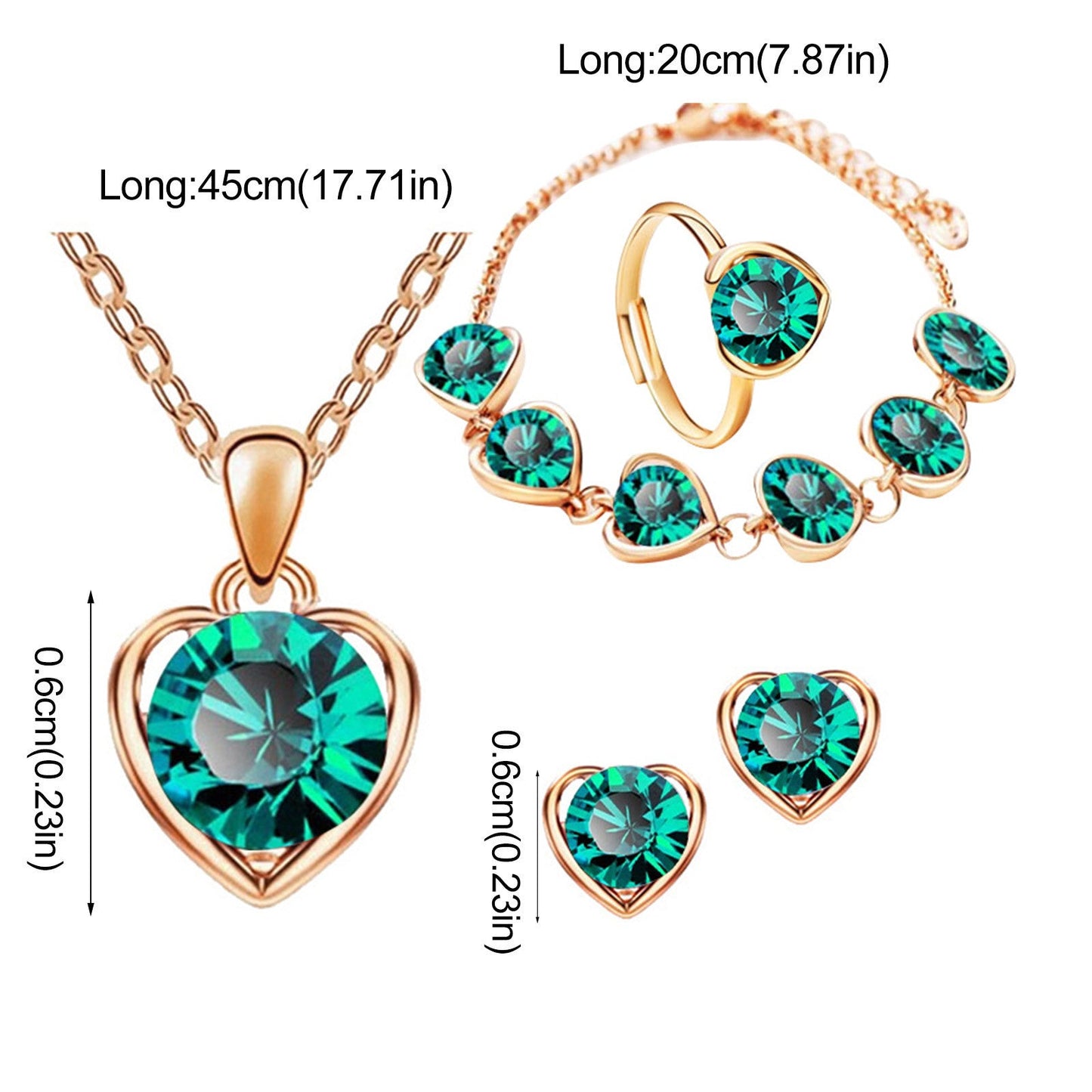 Crystal Heart Necklace Earrings Ring Bracelet Set for Women