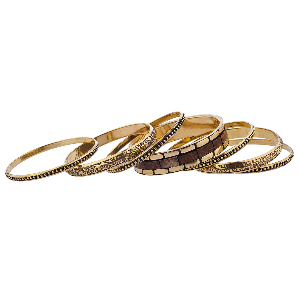 Gold Tone Wood Burnished Multi Bangle Bracelet Set for Women