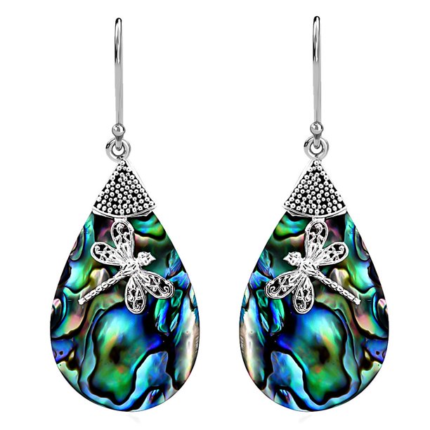 Dragonfly Dangle Drop Earrings Abalone Shell Sterling Silver for Women