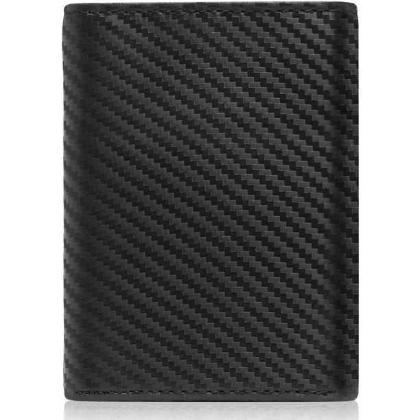 Genuine Leather Black Carbon fiber Trifold Wallet With ID Window Gifts For Men RFID Blocking