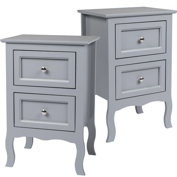 Set of 2 Nightstand Bedroom Bedside Table with Drawers Storage, Country Style Night End Table with Mental Handle, Gray