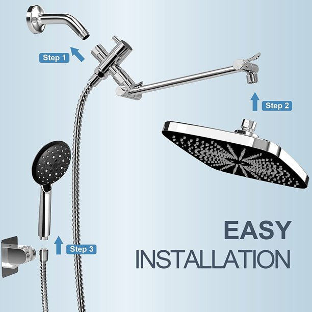 5-Setting Shower Head, 12 inch Rain Shower Head w/ Handheld and 70 inch Anti-Tangle Hose, Chrome