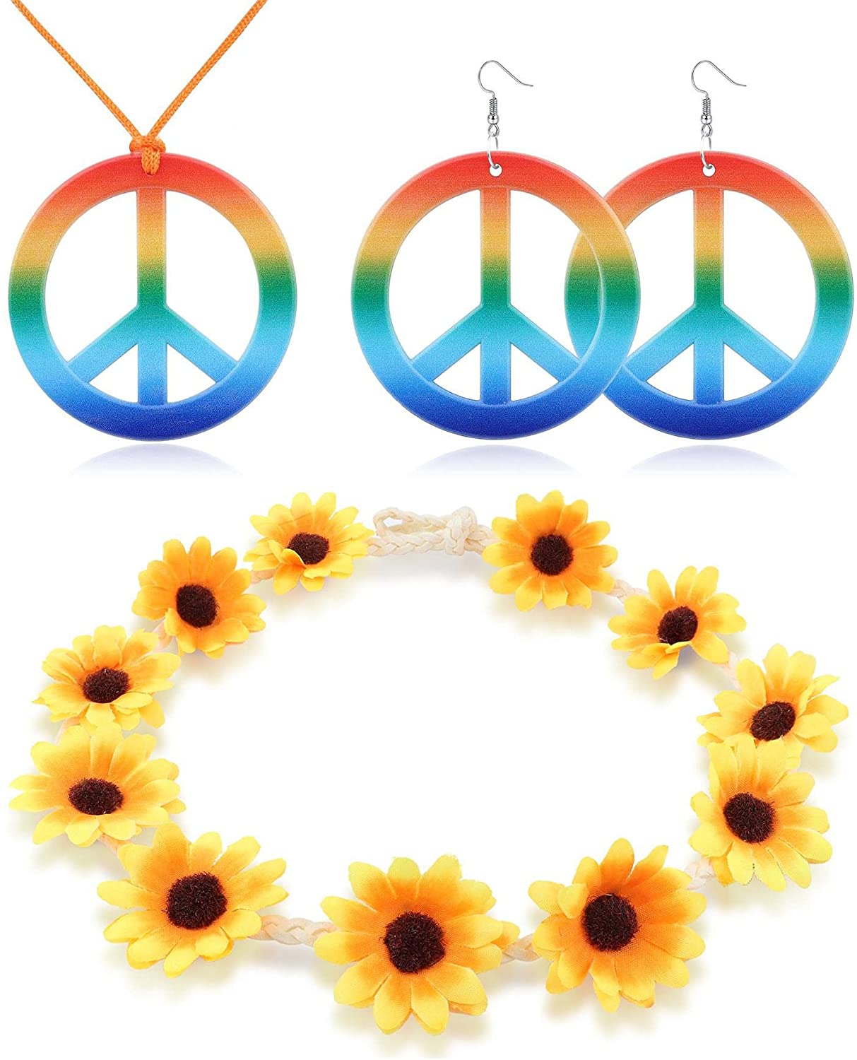 Hippie Costume Set, Peace Sign Necklace, Peace Sign Earrings, Flower Crown Headband Jewelry Accessories