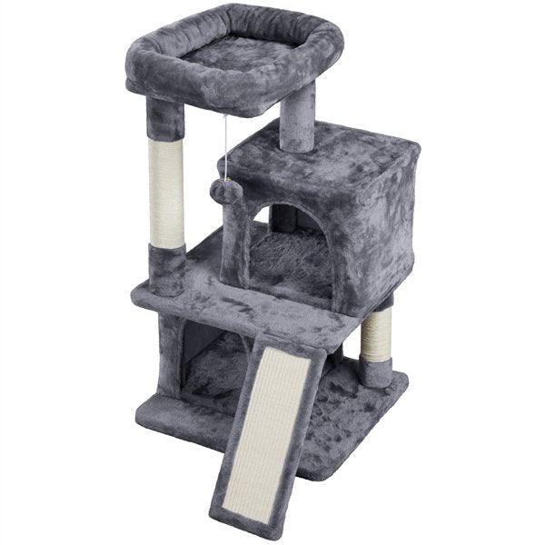 36'' H Cat Tree Tower Cat House with Double Condos Scratching Posts Sisal Rope Furry Ball for Cats and Kittens, Dark Gray