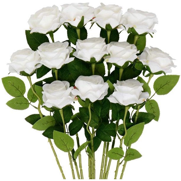 12 Pcs Rose Artificial Flowers, Realistic Blossom White Fake Roses w/ Stems, Single Silk Rose Flower Bouquet for Wedding Centerpieces Home Table Decorations