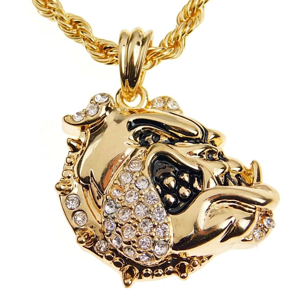 Rope Chain Bull Dog Head Bling Pendant Hip Hop Necklace 24" Inch