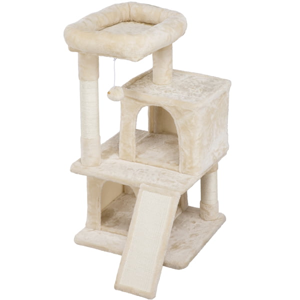 36'' H Cat Tree Tower Cat House with Double Condos Scratching Posts Sisal Rope Furry Ball for Cats and Kittens, Beige