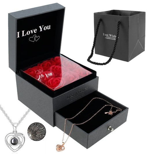 Preserved Real Rose w/ Necklace Enchanted Rose Flower Gifts Eternal Flower, Silver