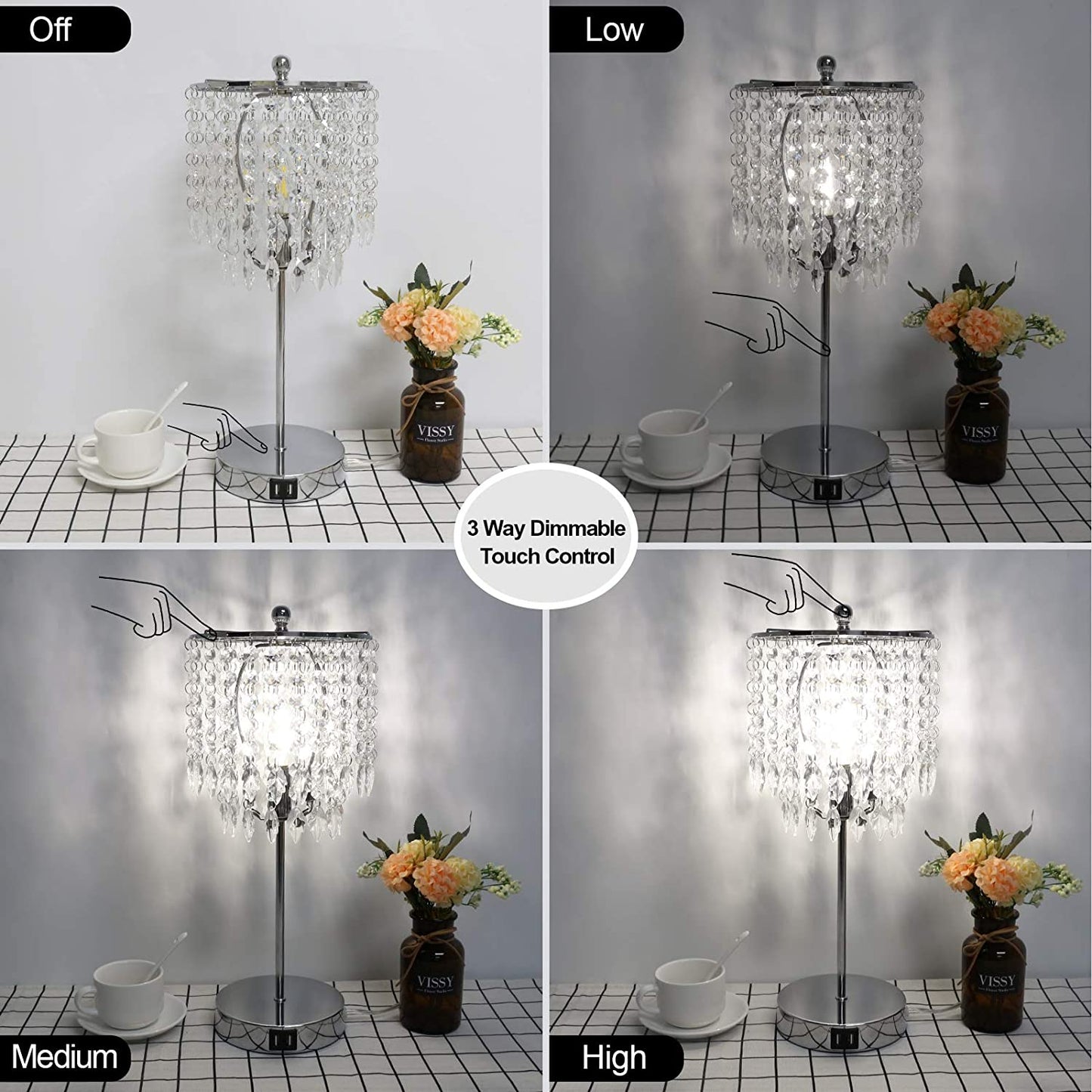 Crystal Touch Control Table Lamp w/ 2 USB Charging Ports
