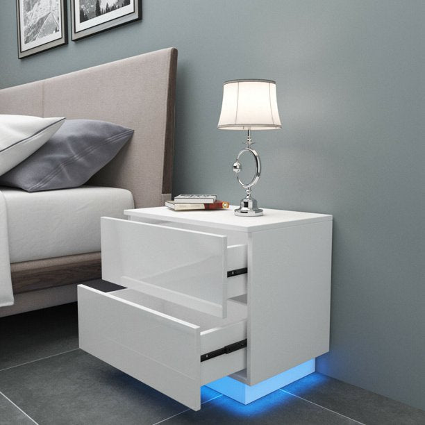 1/2 Pieces LED Nightstand 2 Drawers Bedside End Table w/ Remote RGB LED Light, High Gloss Wooden