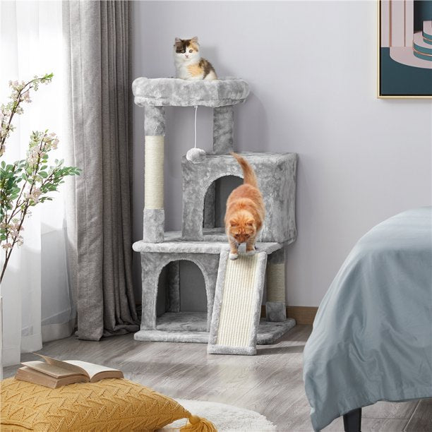 36'' H Cat Tree Tower House with Double Condos Scratching Posts Sisal Rope Furry Ball for Cats and Kittens, Light Gray