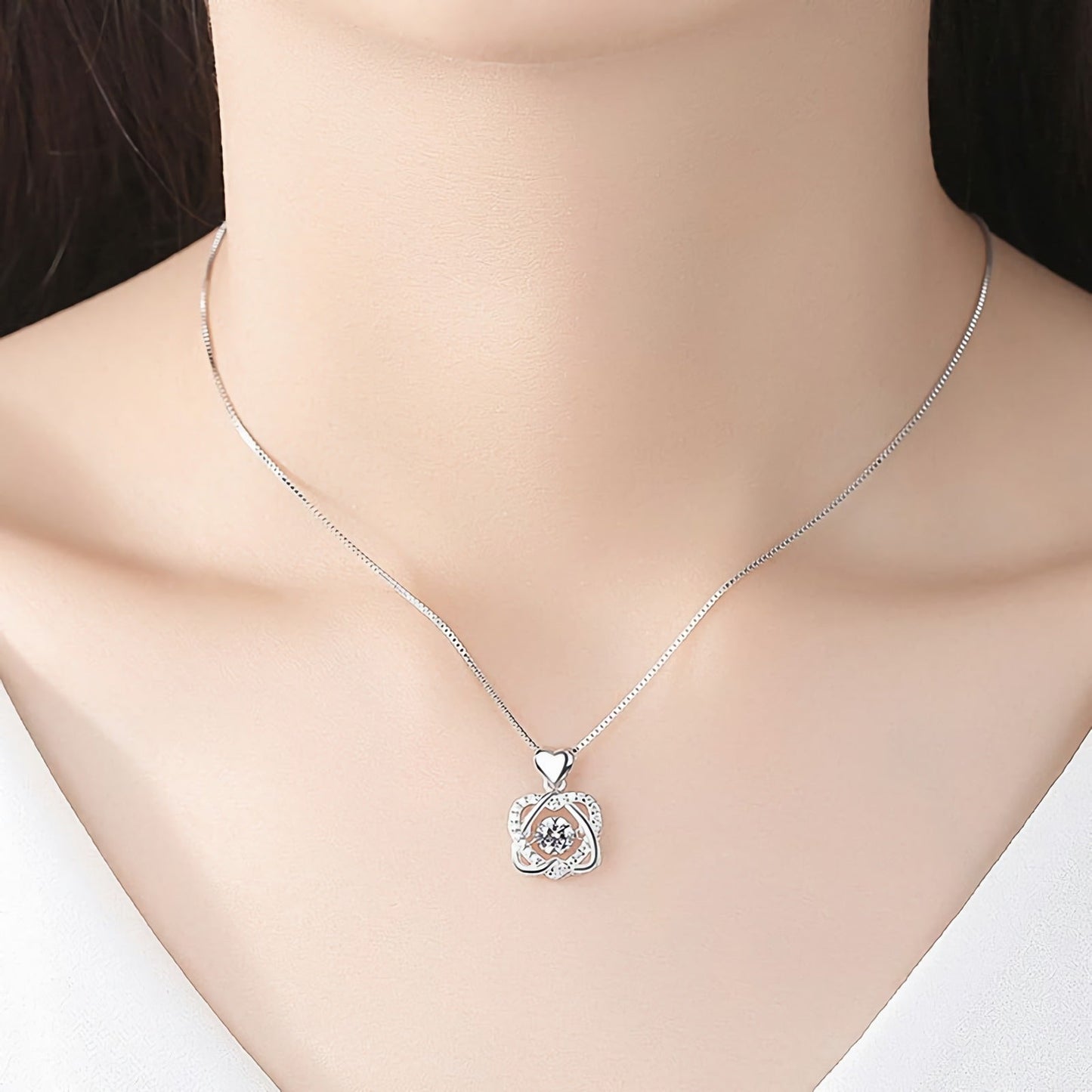 925 Sterling Silver Beating Double Heart Pendant Necklace for Women