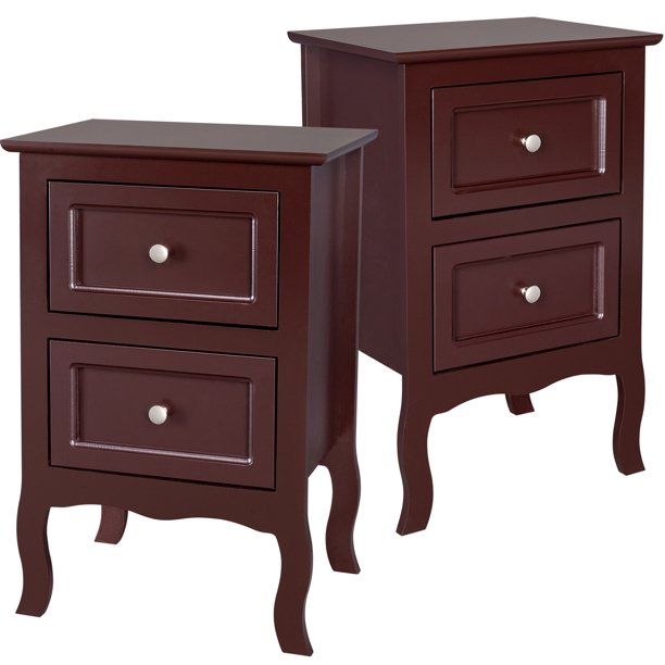 Set of 2 Nightstand Bedroom Bedside Table w/ Drawers Storage, Country Style Night End Table w/ Handle Brown