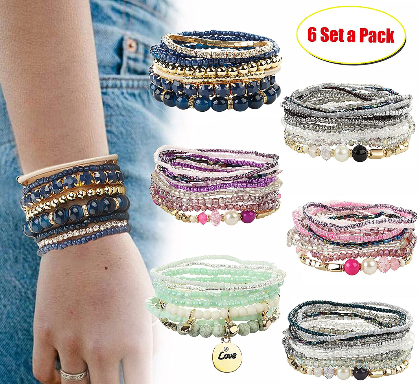 6 Sets Bohemian Stackable Bead Bracelets for Women