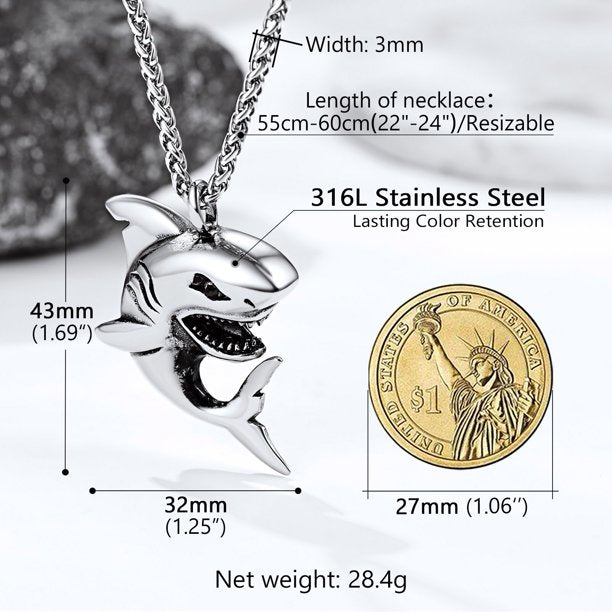 Silver Shark Pendant Chain for Men Stainless Steel Punk Cool Necklace