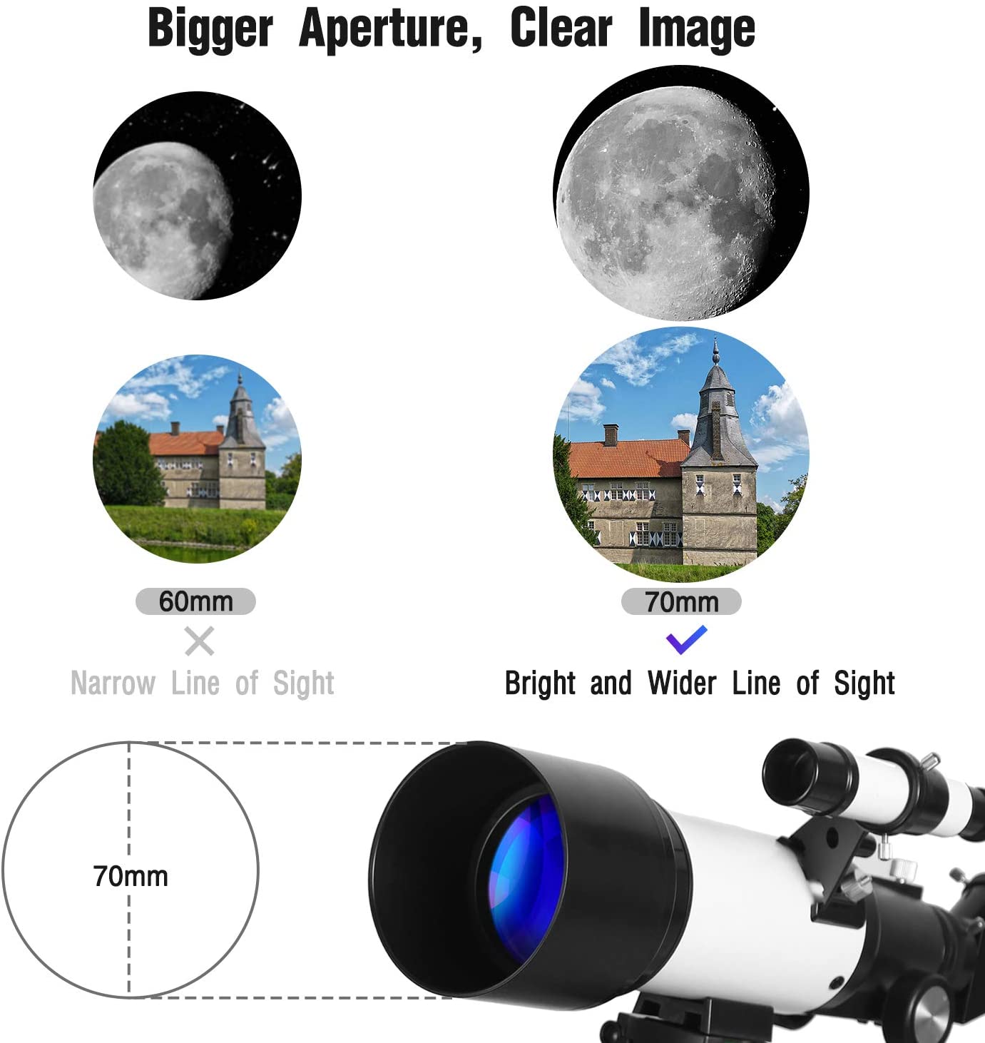 Telescope for Kids Beginners Adults, 70mm Refractor Telescope / Adjustable Tripod