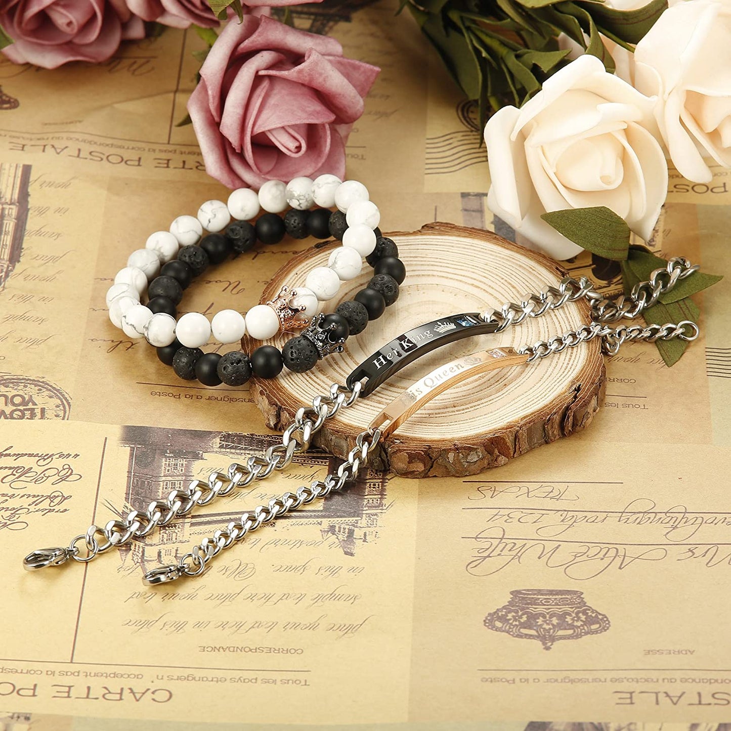 4 Pcs Couples His & Her Crown Queen 8mm Beads Bracelets Set