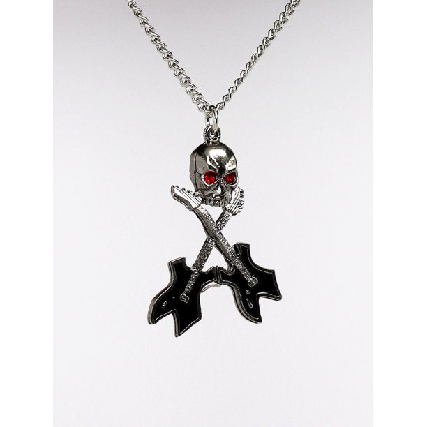 Musician's Skull with Crossed Guitars Black Enamel Pewter Necklace for Men/Women