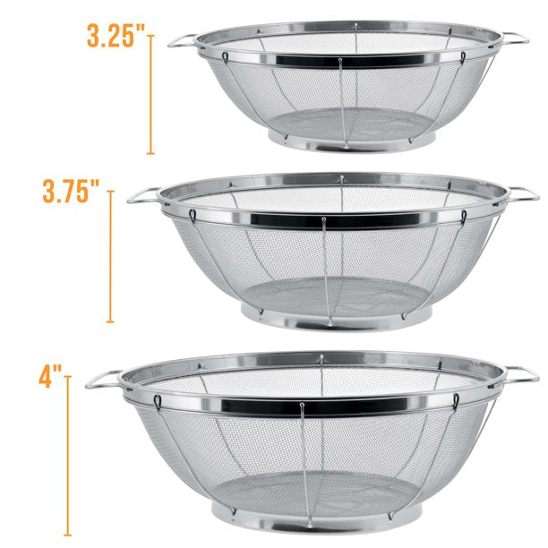 3 Piece Colander Set-Stainless Steel Wired Mesh Strainer Baskets with Wide Handles-11"-5 Quart 9.5"