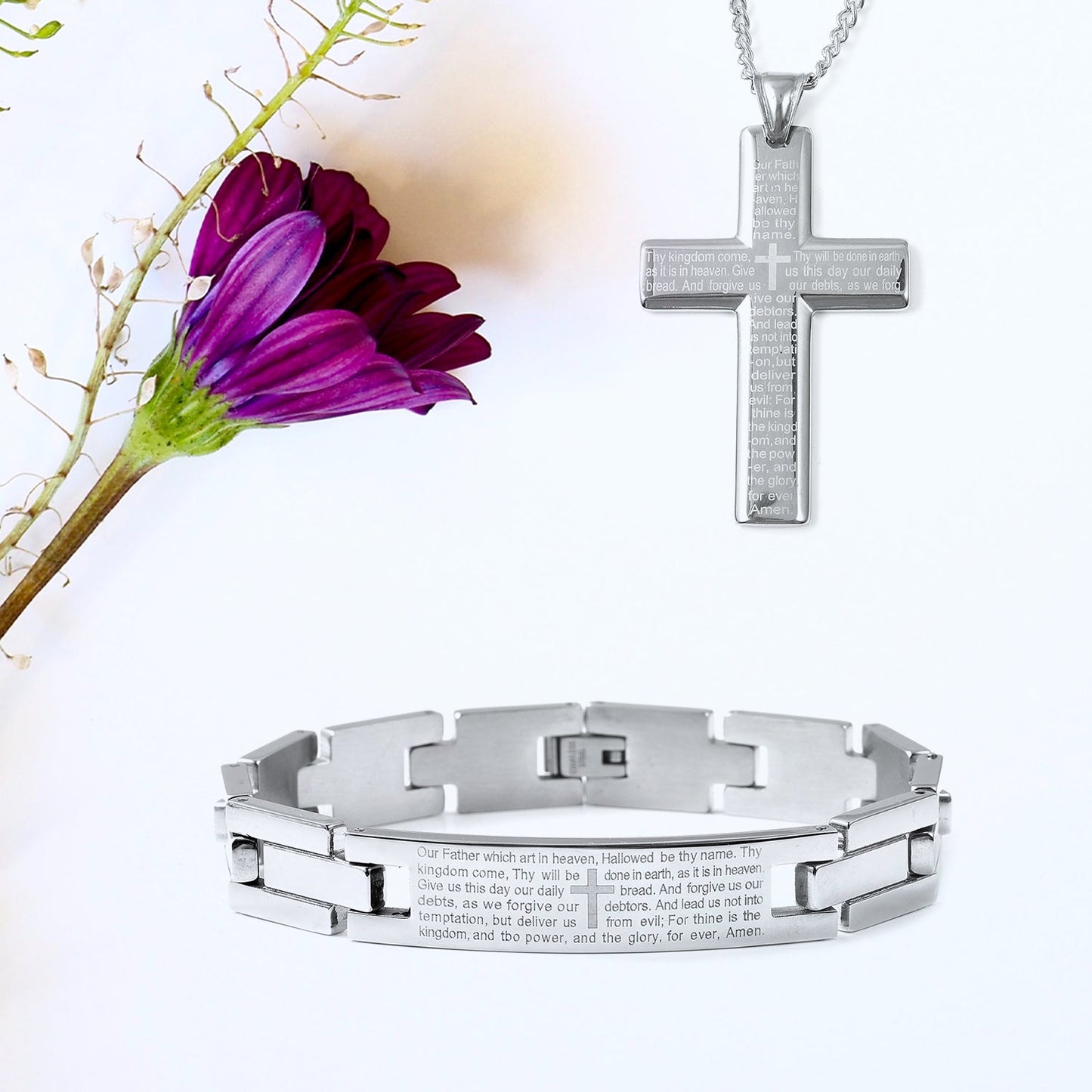 Women Stainless Steel Bracelet & Cross Pendant Necklace Set