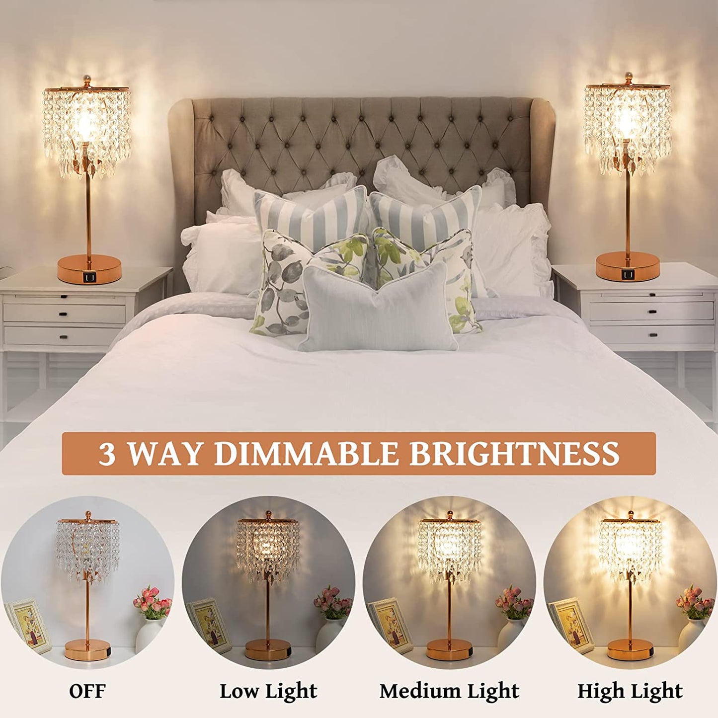 Crystal Touch Control Table Lamp w/ 2 USB Charging Ports