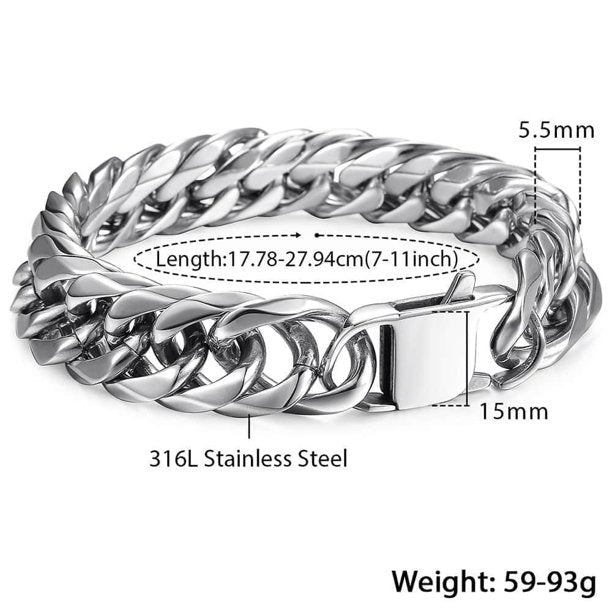 15mm Wide 10 inch Curb Cuban Rombo Mens 316L Stainless Steel Chain Bracelet Silver