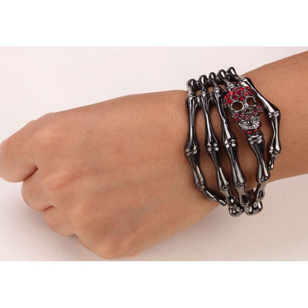 Skull Skeleton Hand Hinged Bangle Bracelet for Women Fit Wrist Circumference 6.5 to 7.5 inch - Red