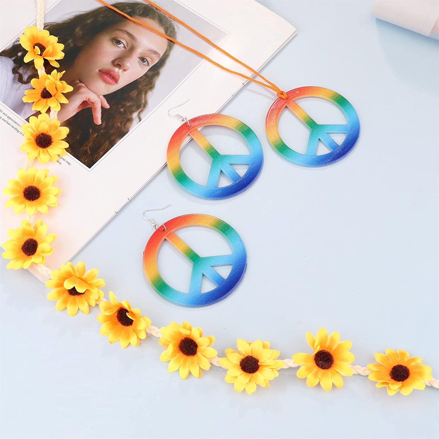 Hippie Costume Set, Peace Sign Necklace, Peace Sign Earrings, Flower Crown Headband Jewelry Accessories