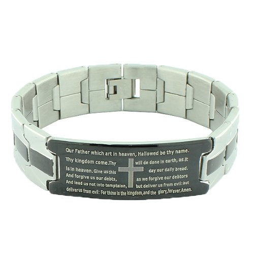 Stainless Steel Black Silver-Tone Cross English Prayer Mens Bracelet