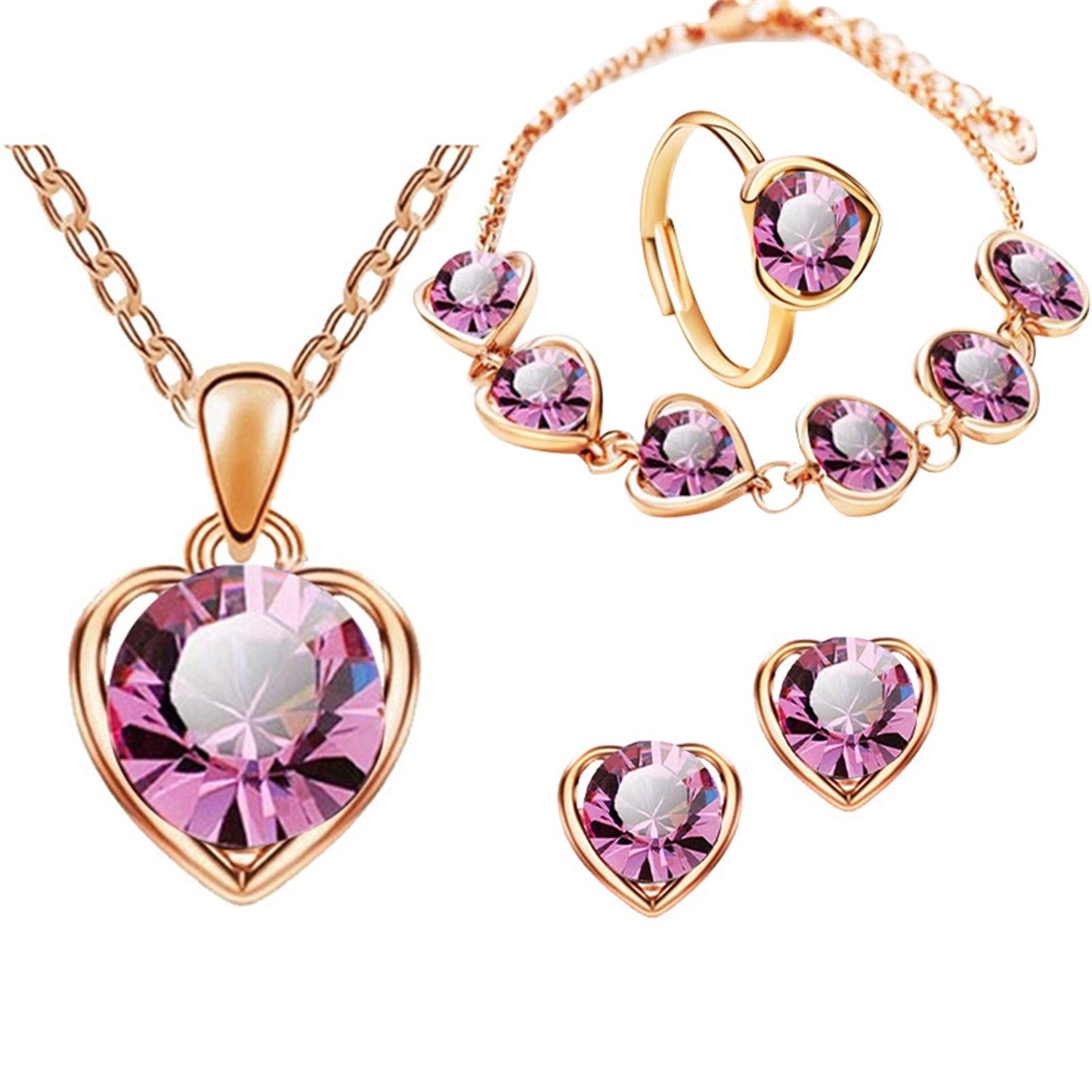 Crystal Heart Necklace Earrings Ring Bracelet Set for Women