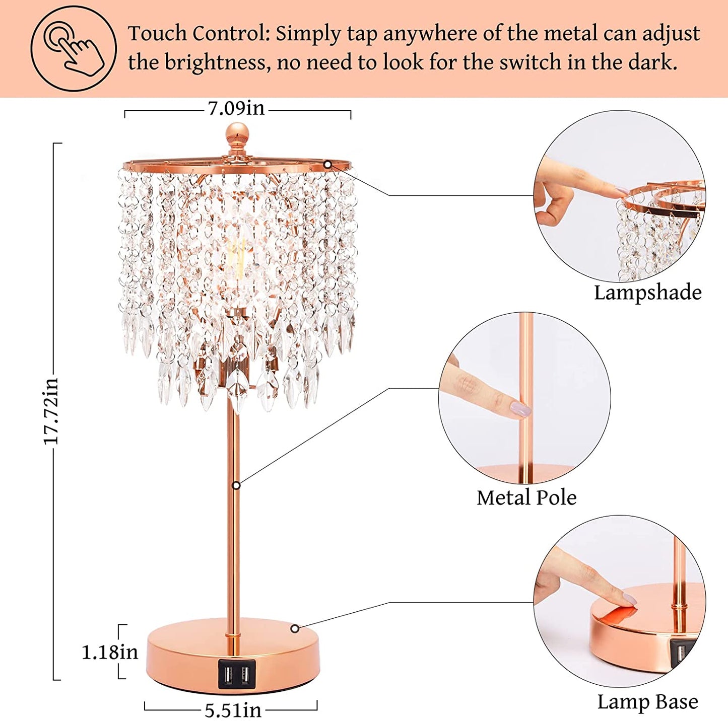 Crystal Touch Control Table Lamp w/ 2 USB Charging Ports